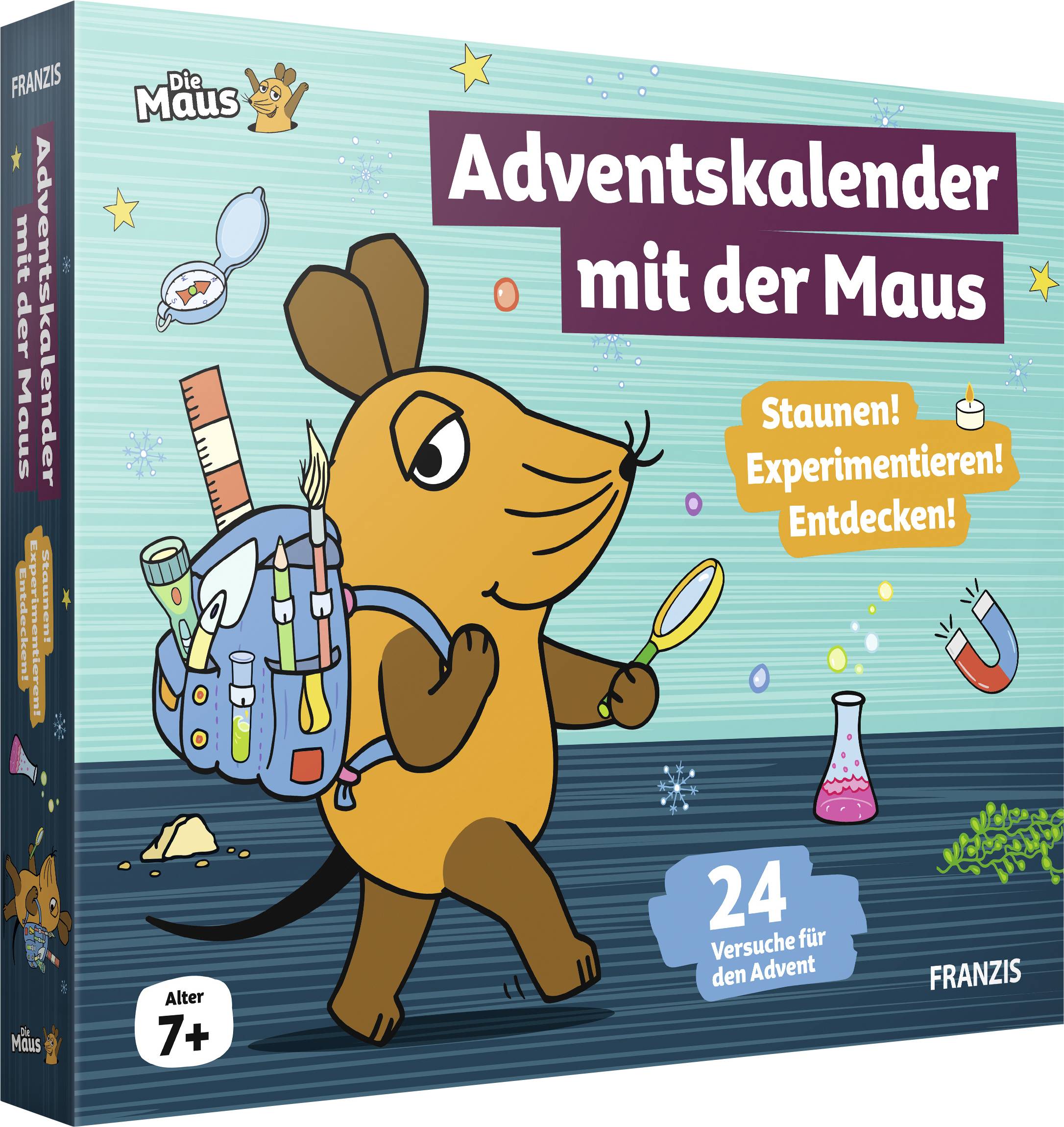 Illustrierter „Die Maus" Adventskalender-Karton mit dem Titel „Adventskalender mit der Maus", zeigt die Maus mit Wissenschaftswerkzeugen und „24 Versuche für den Advent" für Alter 7+