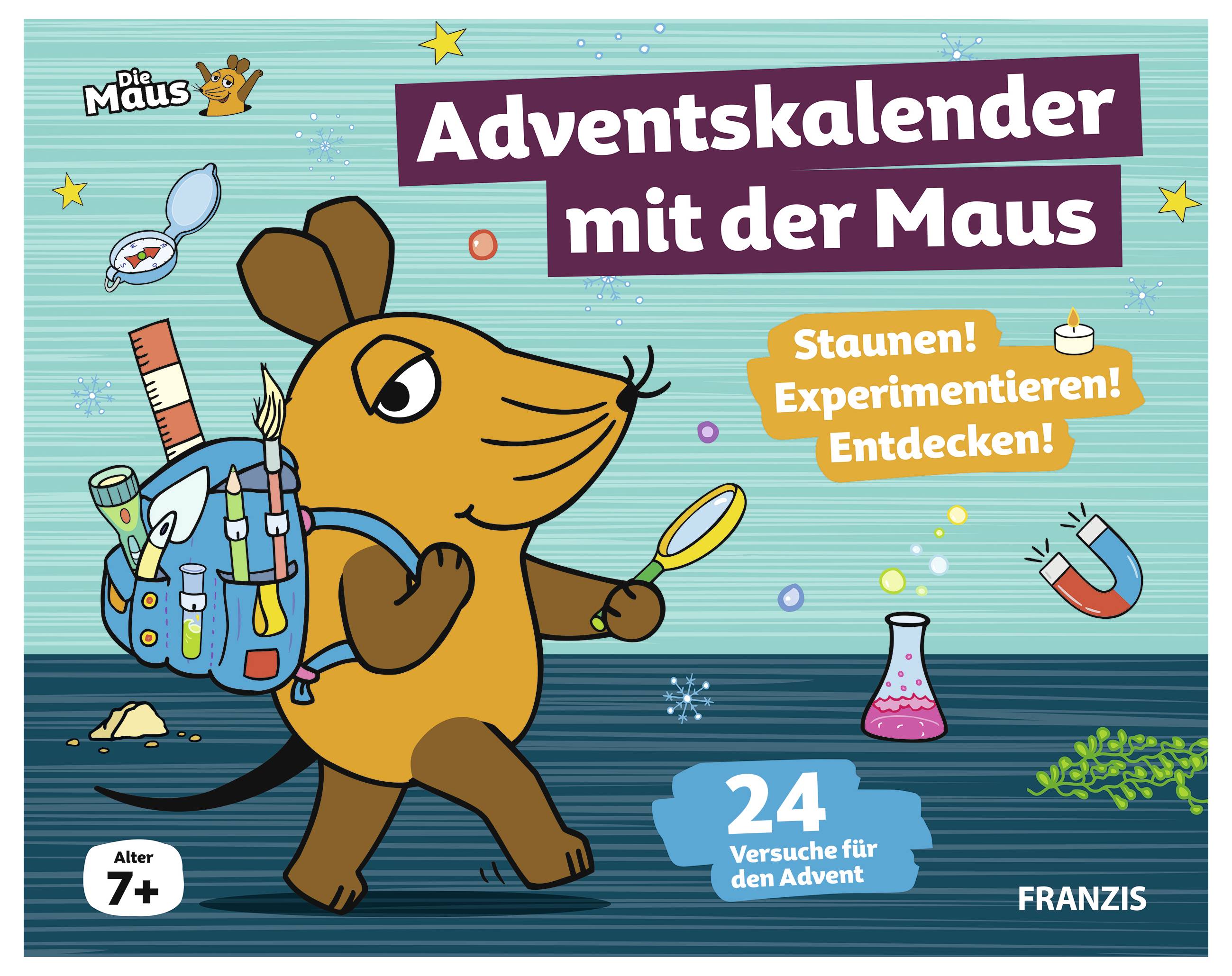 Titelseite des „Die Maus" Adventskalenders mit einer Karikaturratte, die Wissenschaftswerkzeuge trägt und eine Lupe hält; Text sagt „Staunen! Experimentieren! Entdecken!" und „24 Versuche für den Advent".