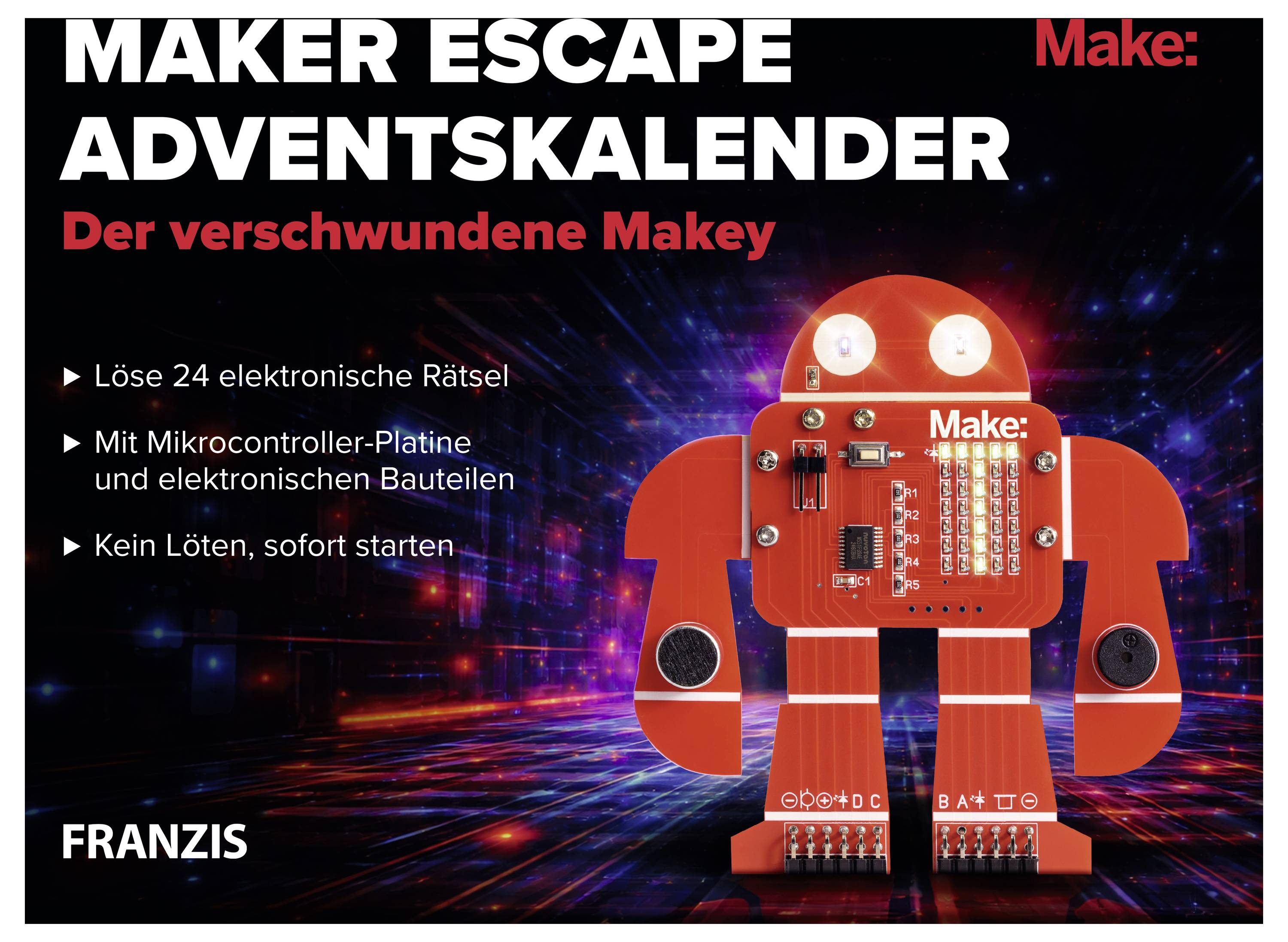 Umschlag von „Maker Escape Adventskalender: Der verschwundene Makey" von Make:, der einen roten Roboter und Text zeigt, die 24 elektronische Rätsel mit Mikrocontroller-Platine und Komponenten bewerbend.