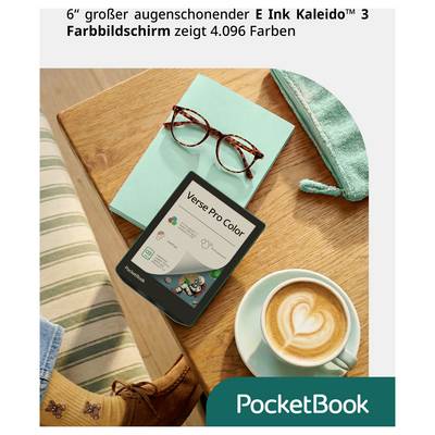 PocketBook Verse Pro Color E-Reader auf einem Holztisch mit Brille, Kaffee, Notizbuch und Stiefel; die Überschrift besagt, dass das 6-Zoll-augenschonende E Ink Kaleido 3-Farbdisplay 4.096 Farben anzeigt.