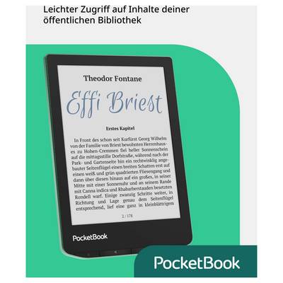 PocketBook E-Reader zeigt das E-Buch „Effi Briest" an und bewirbt den einfachen Zugang zu öffentlichen Bibliotheksinhalten in deutscher Sprache.