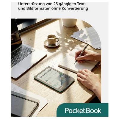 PocketBook e-Reader auf einem Schreibtisch neben einem Laptop und einer Tasse Kaffee, wobei die Unterstützung für 25 gängige Text- und Bildformate ohne Konvertierung angezeigt wird.
