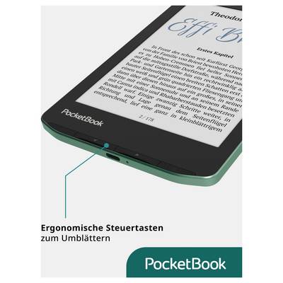 PocketBook e-Reader mit einem Pfeil, der ergonomische Umblätter-Tasten hervorhebt; deutscher Text besagt "Ergonomische Steuertasten zum Umblättern".