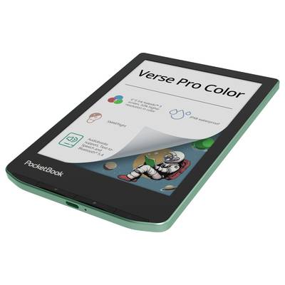 Ein PocketBook Verse Pro Color E-Reader, schräg dargestellt und zeigt seinen Farbbildschirm mit App- und Funktionssymbolen.