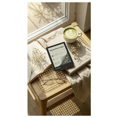 E-Reader zeigt "Verse Pro Color" auf einem sonnenbeschienenen Beistelltisch neben einem aufgeschlagenen Buch, Latte, Brille und getrockneten Blumen in einem gemütlichen Zimmer.