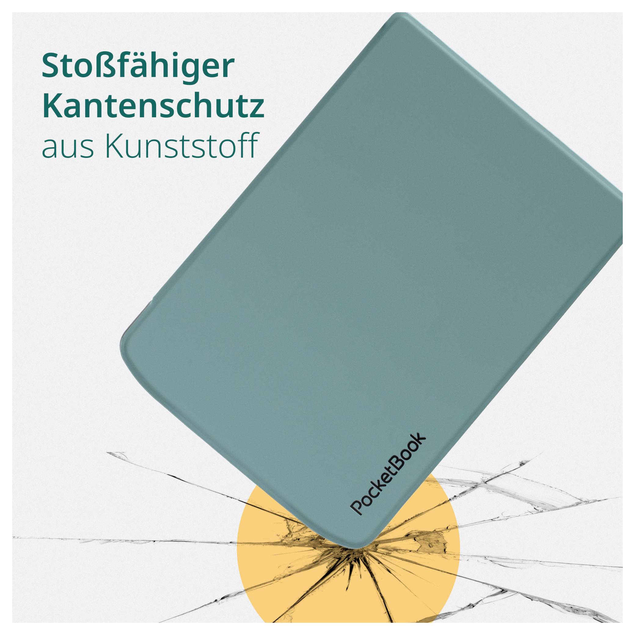 Teal PocketBook e-Reader mit Text „Stoßfähiger Kantenschutz aus Kunststoff", darunter ein Grafikbeispiel eines zerbrochenen Bildschirms zur Demonstration des Stoßschutzes.