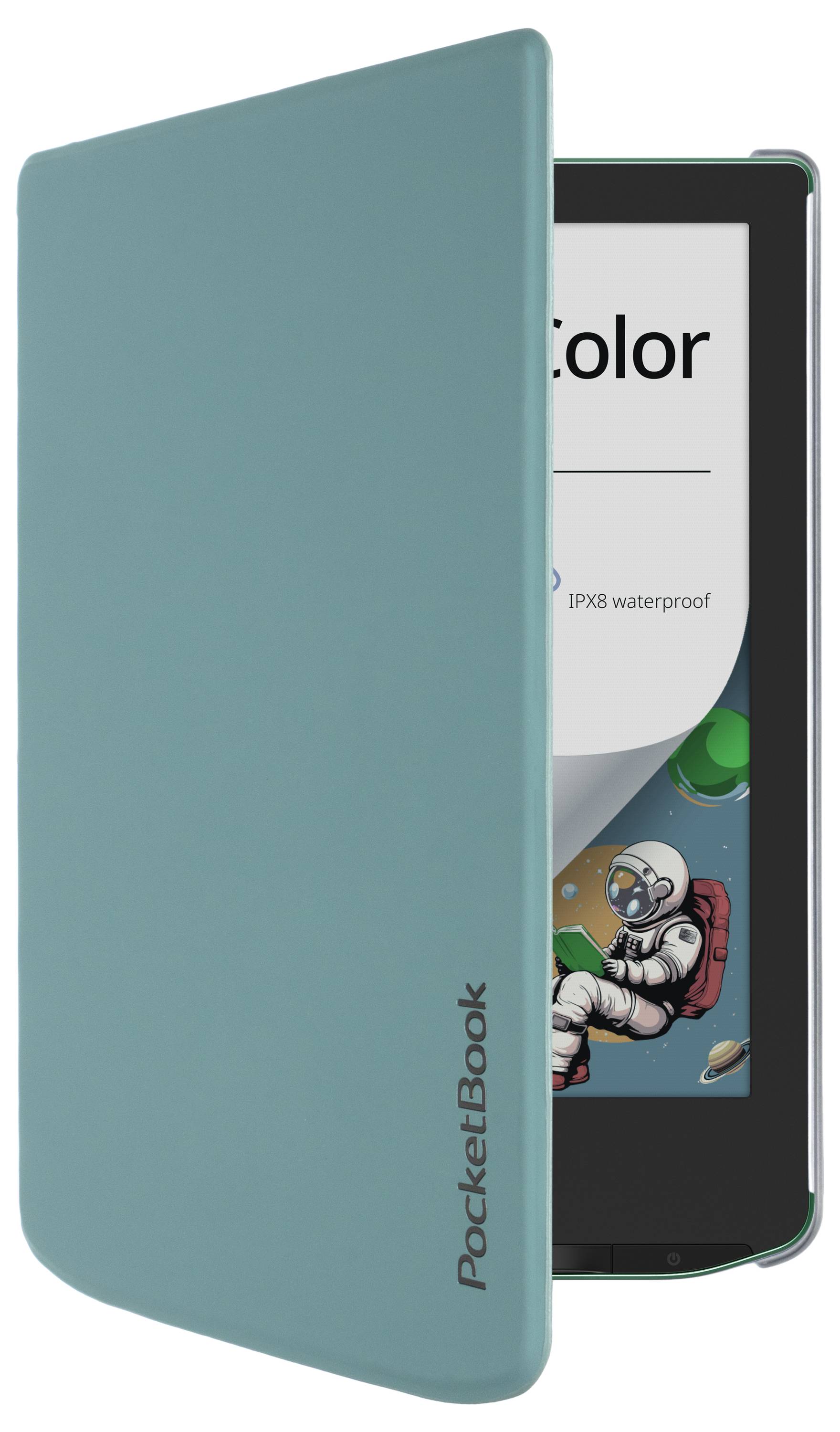 Türkise PocketBook-E-Reader-Abdeckung teilweise offen, die einen schwarzen E-Reader-Bildschirm und eine Astronautenillustration dahinter zeigt.