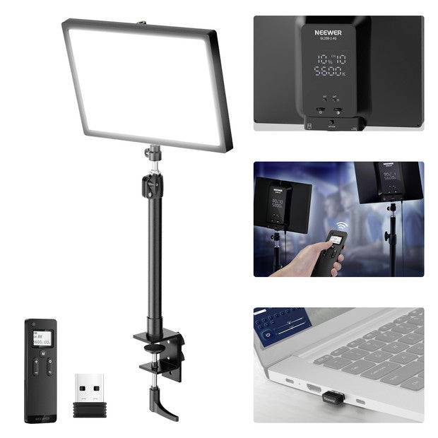 Promotionales Kollage eines Neewer LED-Paneels mit Stativ und Klemme, plus Fernbedienung, zeigt Dimmer-Display, kabellose Steuerung und USB-Stromversorgung.