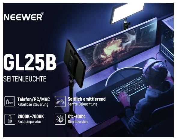 Neewer GL25B Seitenlicht für Telefon, PC und Mac; einstellbare Farbtemperatur von 2900K-9000K und 0-100% Dimmfunktion für weiches Licht.