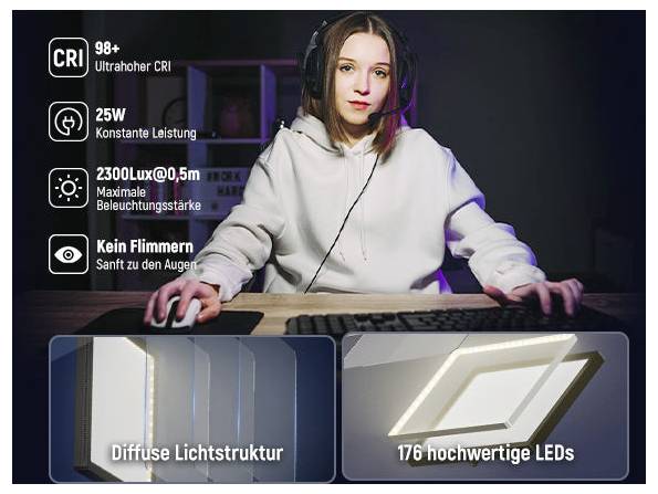 Frau nutzt Tastatur und Maus neben einem Monitor, mit deutschem Text, der ein Licht bewirbt: "CRI 98+", 25W Konstantleistung, 2300Lux@0,5m, kein Flimmern, diffuse Lichtstruktur, 176 LEDs.