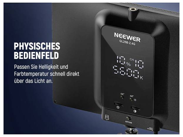 Neewer GL25B-2.4G LED-Panelleuchte mit physischen Reglern und digitaler Anzeige zur Anpassung von Helligkeit und Farbtemperatur.