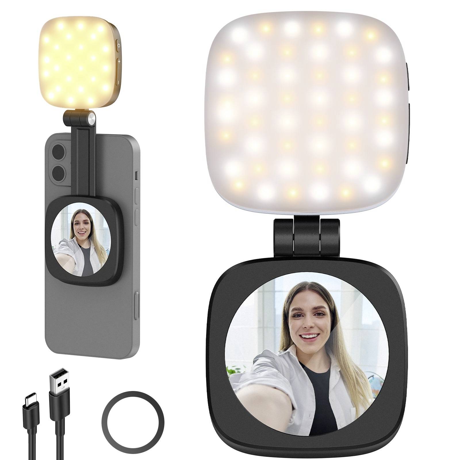 Smartphone-Clip-On-Zubehör mit ausklappbarem LED-Licht und rundem Selfie-Spiegel, dargestellt mit USB-C-Kabel und zusätzlicher Ringhalterung.
