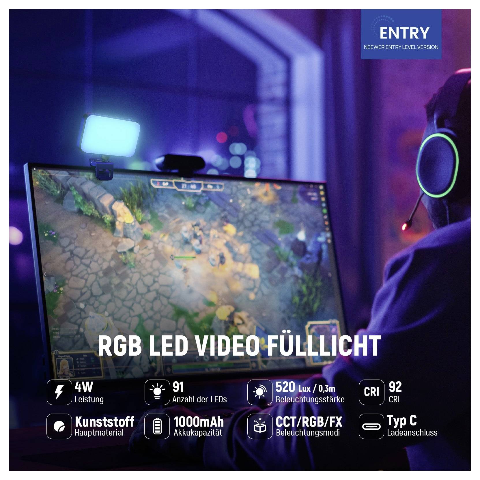 Gaming-Monitor mit RGB-LED-Videolicht zum Streamen; Deutsche Etiketten zeigen 4W, 91 LEDs, 520 Lux/0,3 m, CRI 92, 1000 mAh Akku, USB-C-Ladung, CCT/RGB/FX-Modi.