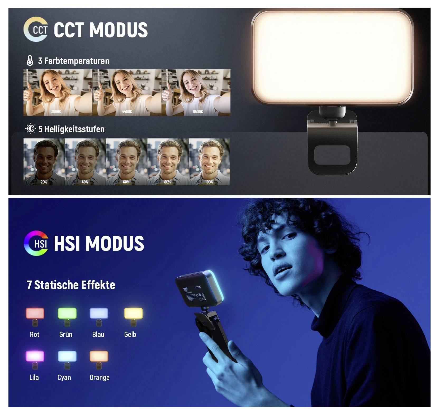 Werbegrafikvergleich zwischen CCT-Modus und HSI-Modus auf einer LED-Leuchte: CCT zeigt 3 Farbtemperaturen und 5 Helligkeitsstufen; HSI zeigt 7 statische Effekte mit Farboptionen.