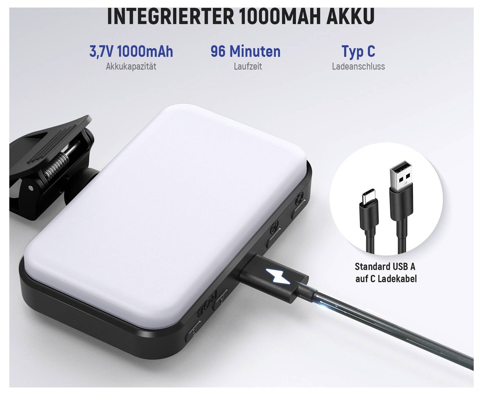 Produktabbildung eines kompakten kabellosen Haartrimmers mit "INTEGRIERTER 1000MAH AKKU", 3,7V 1000mAh, 96 Minuten Laufzeit und USB-C-Ladung; enthält USB-A-zu-C-Kabel.