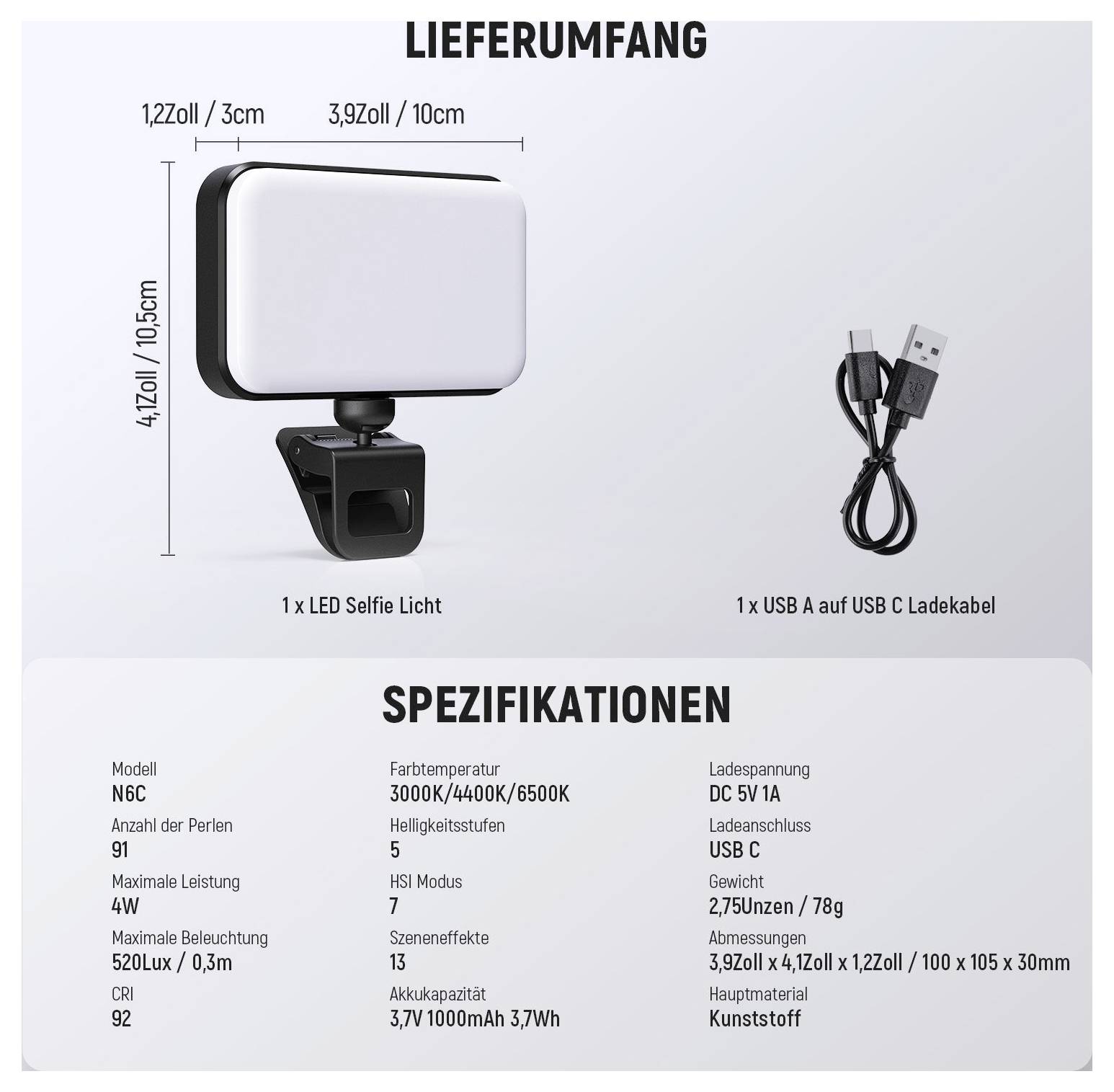 Das Produktpaket zeigt ein LED-Selfie-Licht mit Clip und USB-A-zu-USB-C-Kabel; die Spezifikationen enthalten 91 LEDs, 5 Helligkeitsstufen, 3000K/4400K/6500K und USB-C-Ladung.