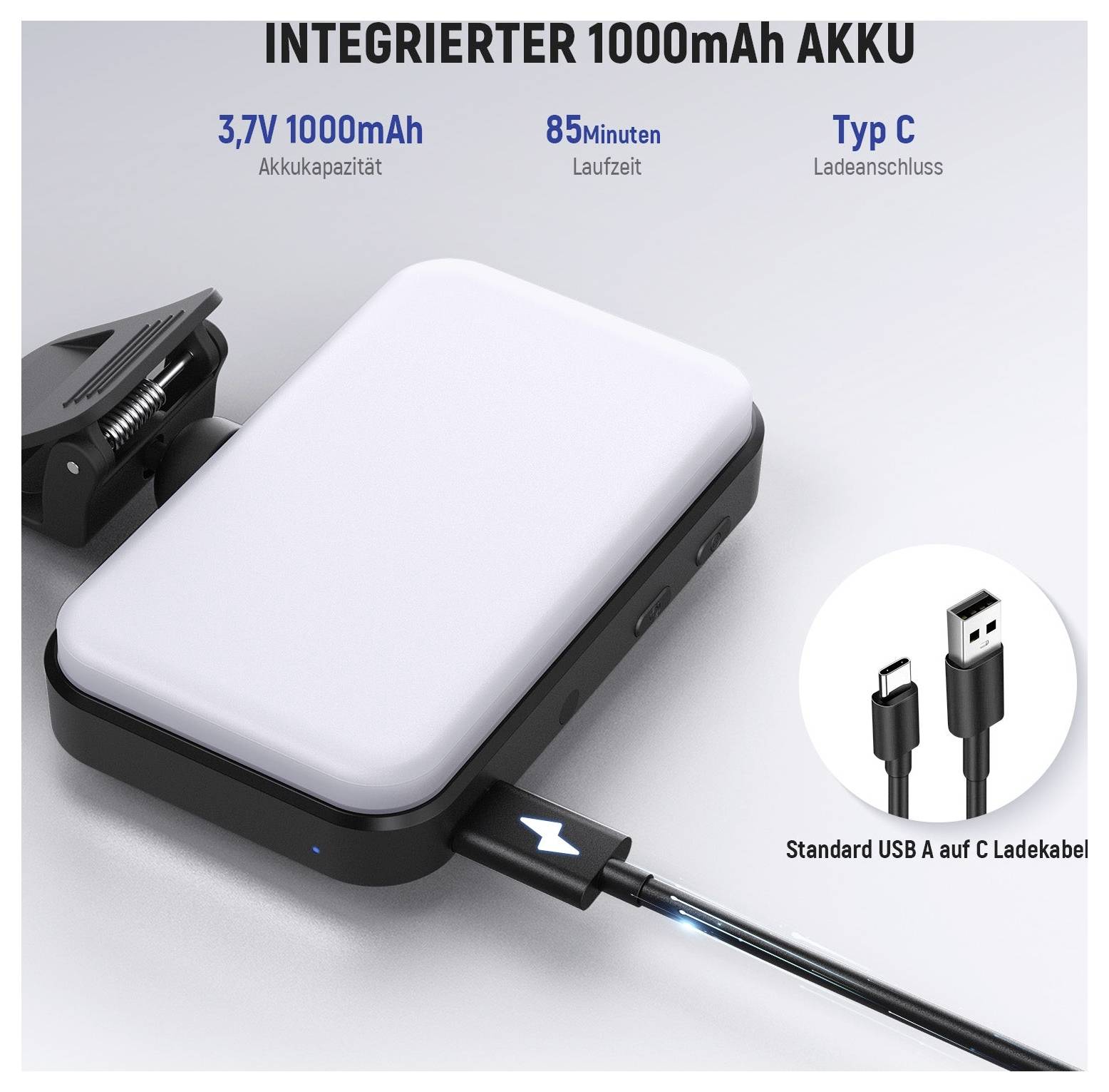 Tragbares Batterieset mit integriertem 1000-mAh-Akku, 3,7 V, 85 Minuten Laufzeit und USB-C-Laden; dargestellt mit angeschlossenem USB-A auf USB-C-Kabel.