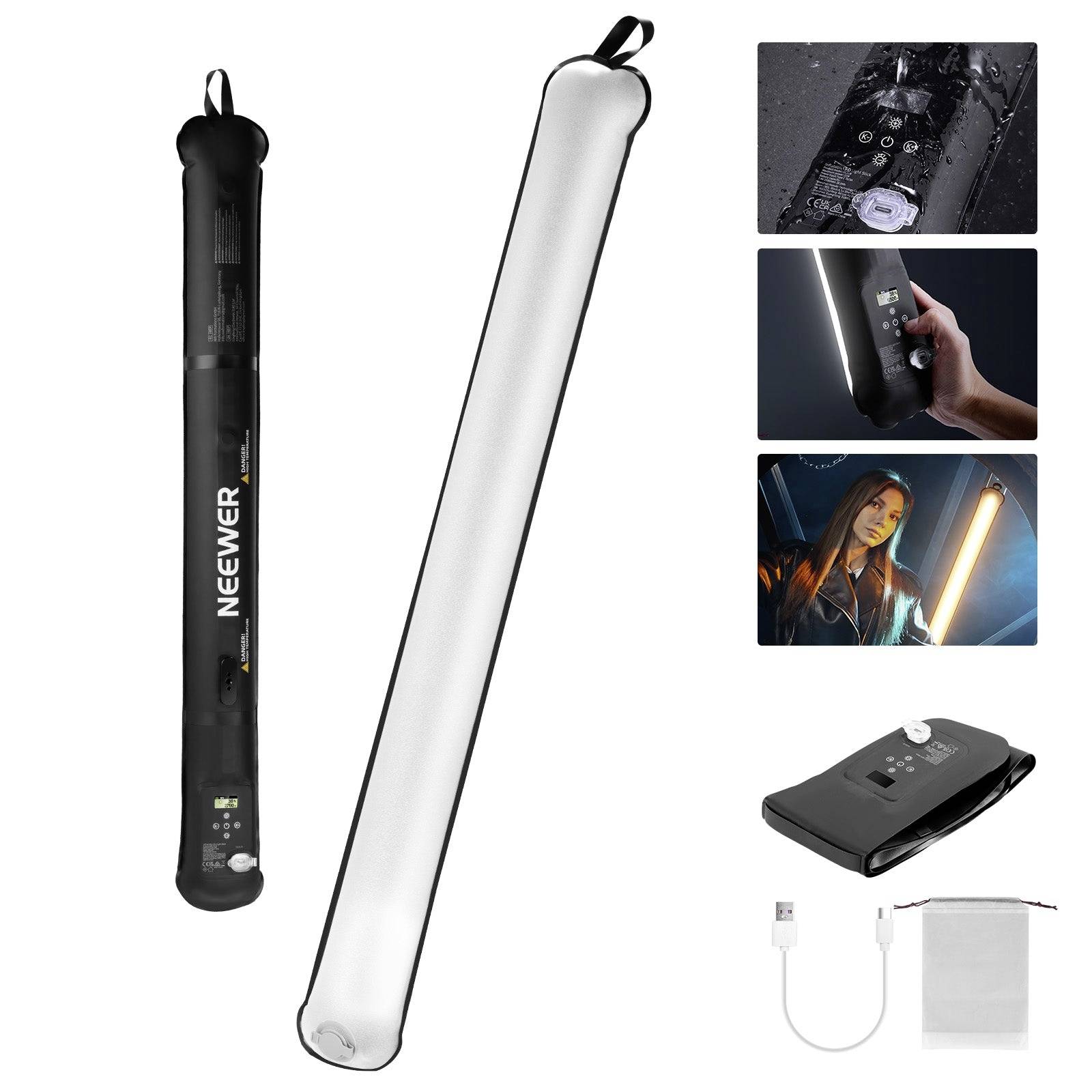 Produktbild einer tragbaren Neewer LED-Röhrenlicht, dargestellt in Schwarz und Weiß mit Tragekoffer, USB-Ladekabel und Verwendungsfotos.