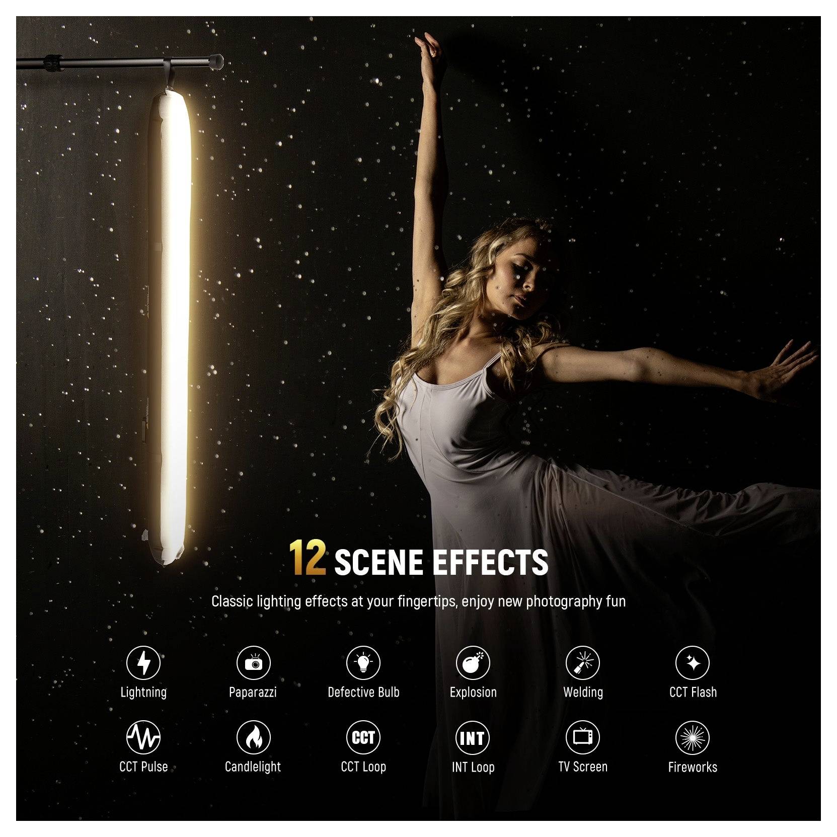 Werbeplakat eines Tänzers unter einem hellen vertikalen Licht mit dem Titel „12 SCENE EFFECTS" (12 SZENENEFFEKTE), das klassische Beleuchtungseffektoptionen mit Symbolen und Beschriftungen zeigt.