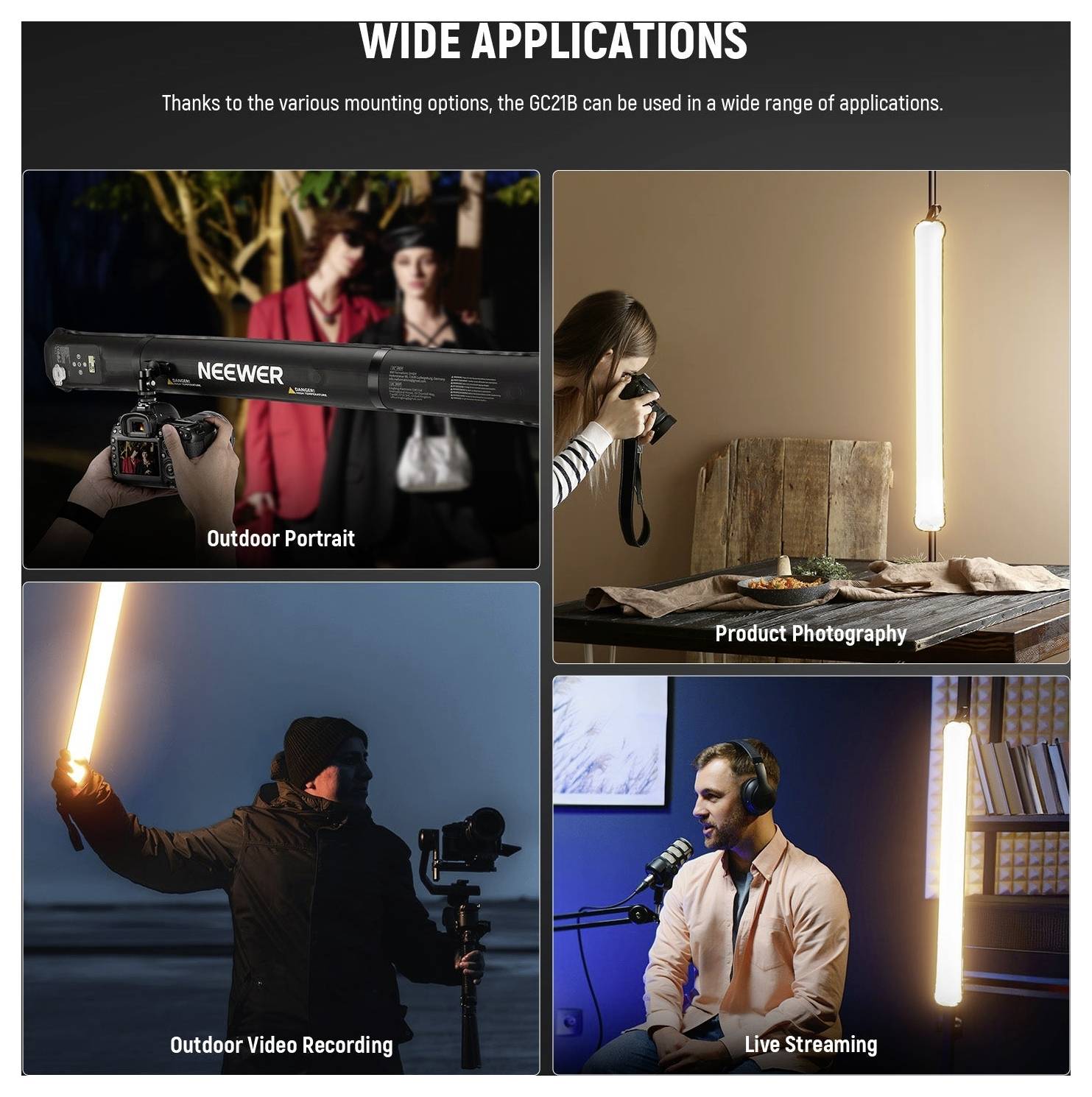 Werbebild mit dem Titel „BREITE ANWENDUNGSMÖGLICHKEITEN" zeigt ein NEEWER-Licht, das für Außenporträts, Produktfotografie, Außenvideoproduktion und Live-Streaming verwendet wird.