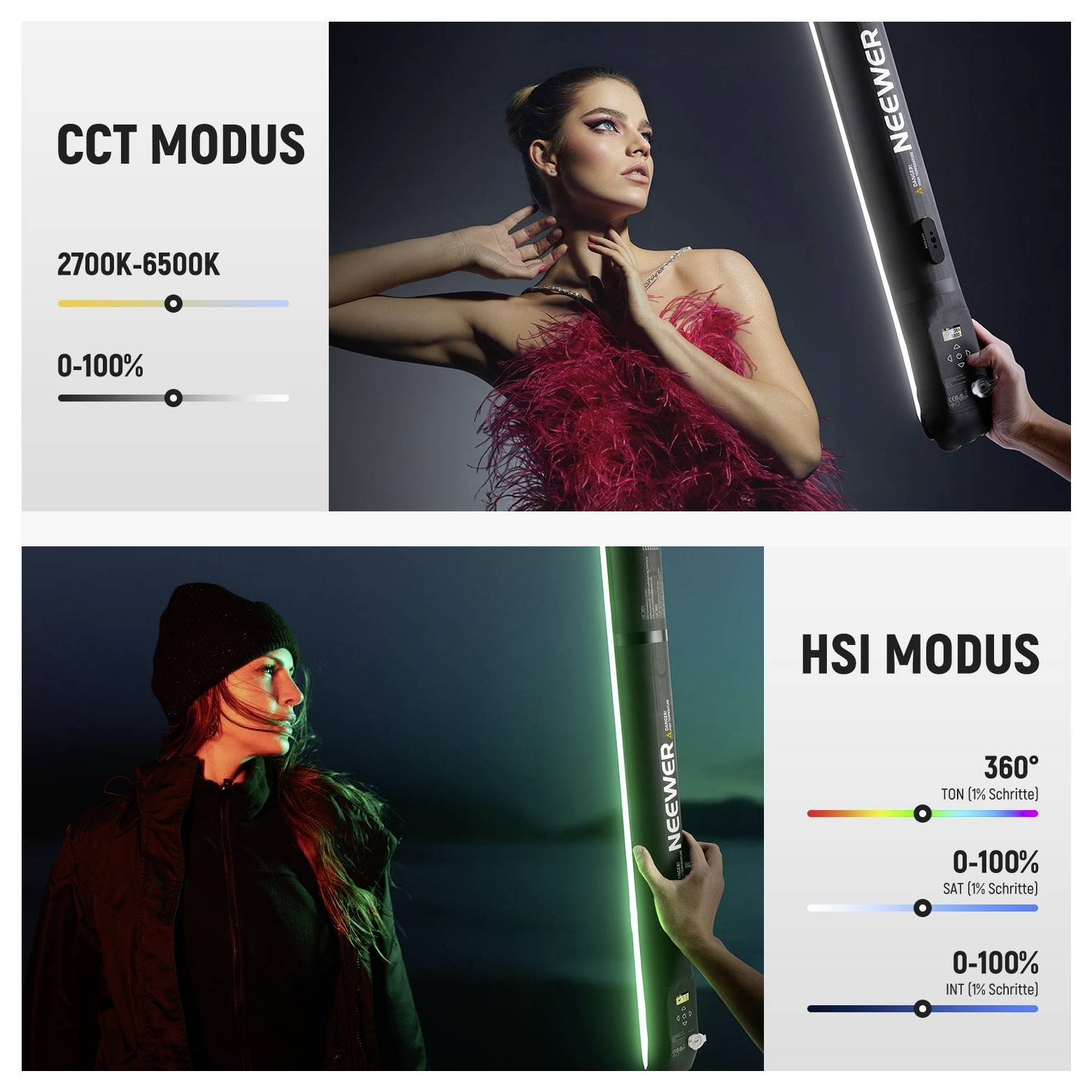 Werbeübersichtsbild von Neewer LED-Lichtmodi: CCT-Modus mit 2700K-6500K und 0-100% Dimmung, und HSI-Modus mit 360° Farbe plus 0-100% Sättigung und Intensität.