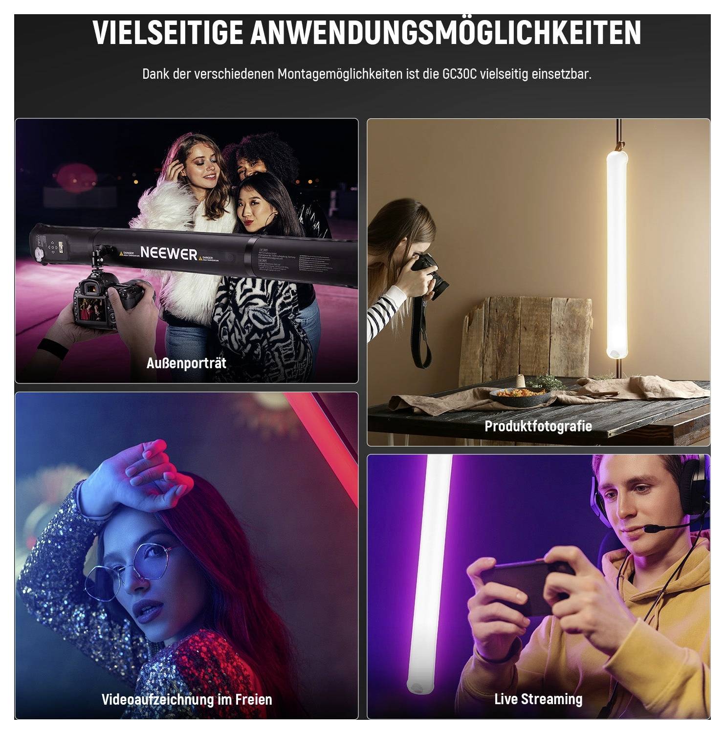 VIELSEITIGE ANWENDUNGSMÖGLICHKEITEN<br><br>Außenporträtfotografie<br>Produktfotografie<br>Außenvideoproduktion<br>Live-Streaming