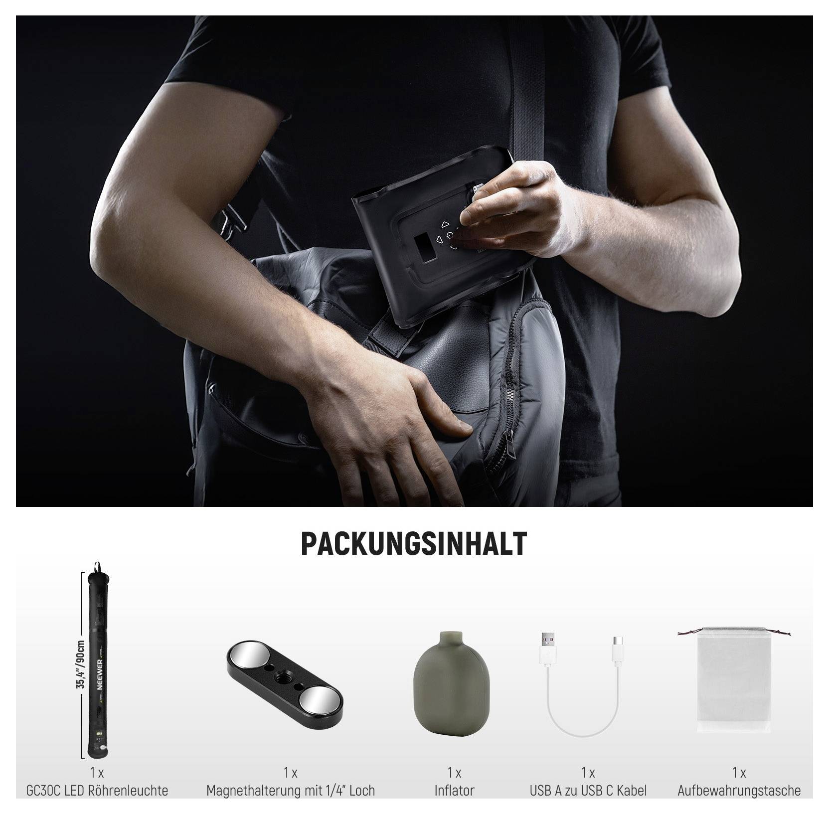 Produktpackinhalt mit einer Person, die eine kompakte LED-Lampe in einen Rucksack einführt; enthaltene Artikel sind Lampe, Magnethalter, Luftpumpe, USB-A-zu-USB-C-Kabel und Aufbewahrungstasche.