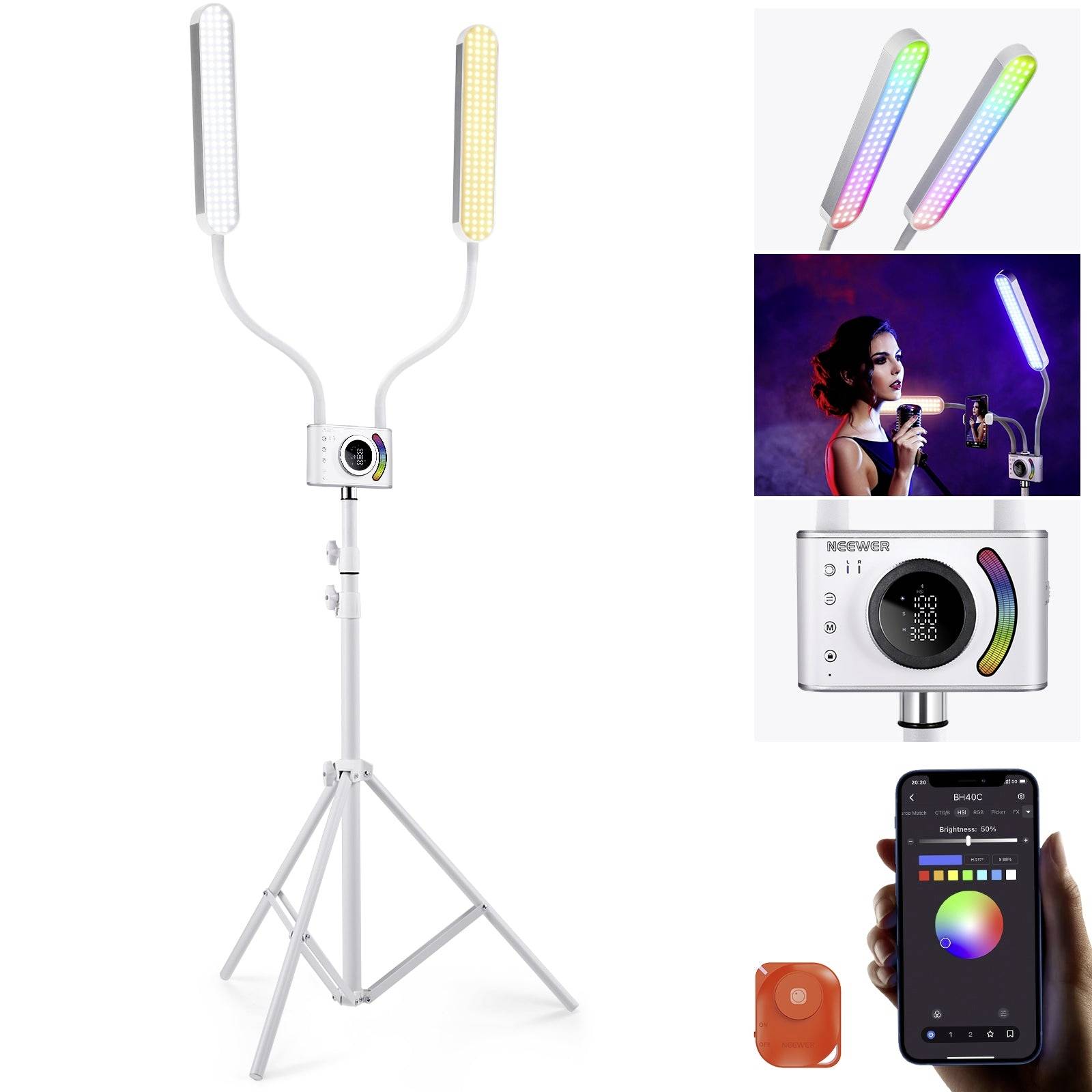 Ein weißes Stativstativ mit einer Kamerabefestigung und zwei verstellbaren LED-Leuchtstäben; eingefügte Bilder zeigen farbwechselnde Lichter, ein Fotoshooting und die Kontrolle über eine Smartphone-App.