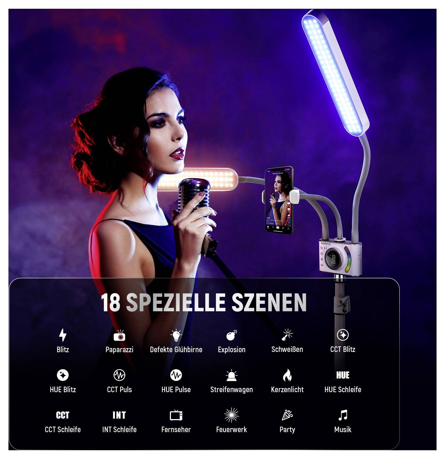 Werbebild einer Frau, die in ein Mikrofon neben einem Smartphone und einer LED-Leuchte singt, mit der Bewerbung von „18 SPEZIELLE SZENEN" mit Leuchtmodussymbolen.