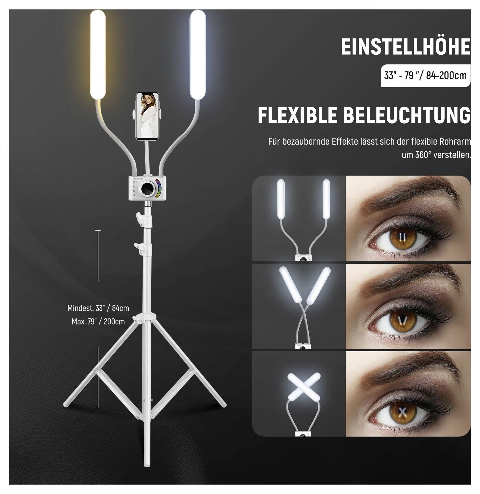 Verstellbare Ringleuchte auf einem Stativ mit Telefonhalter und flexiblen dualen Leuchtbalken; Text besagt Höhe 33-79/84-200 cm und 360°-Positionierung für Lichteffekte.