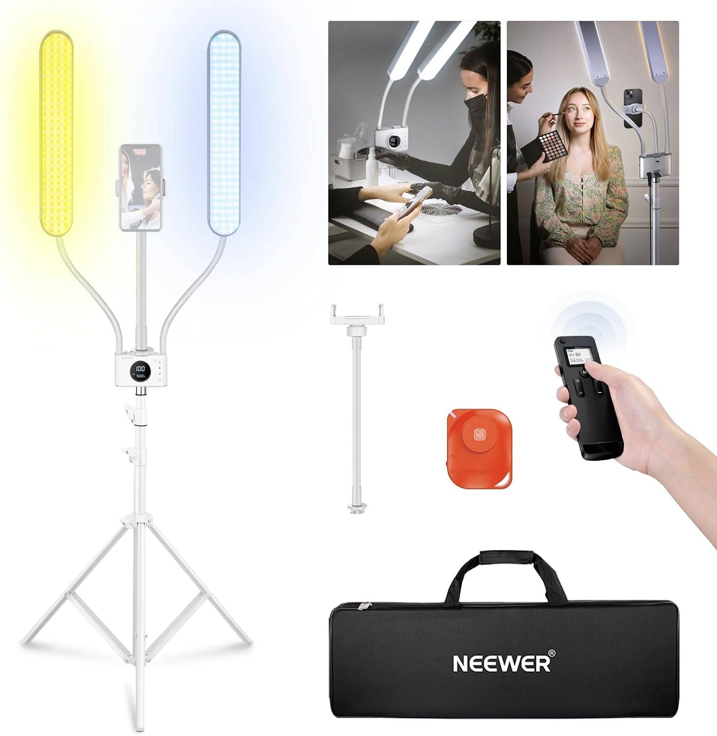 Tragbares LED-Stativlicht-Set mit gelben und blauen Panels, Telefonhalter, Fernbedienung und Transporttasche; eingefügte Fotos zeigen die Verwendung bei Beauty-Beleuchtung.