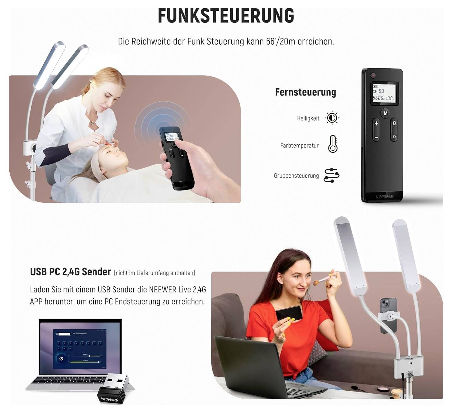 Deutsches Produktgraphik für die kabellose Steuerung einer Doppelleuchte mit Fernbedienung und App-Steuerung mit Helligkeit, Farbtemperatur und Gruppensteuerung; Reichweite bis zu 66/20 m, USB-PC 2,4-G-Sender im Lieferumfang enthalten.