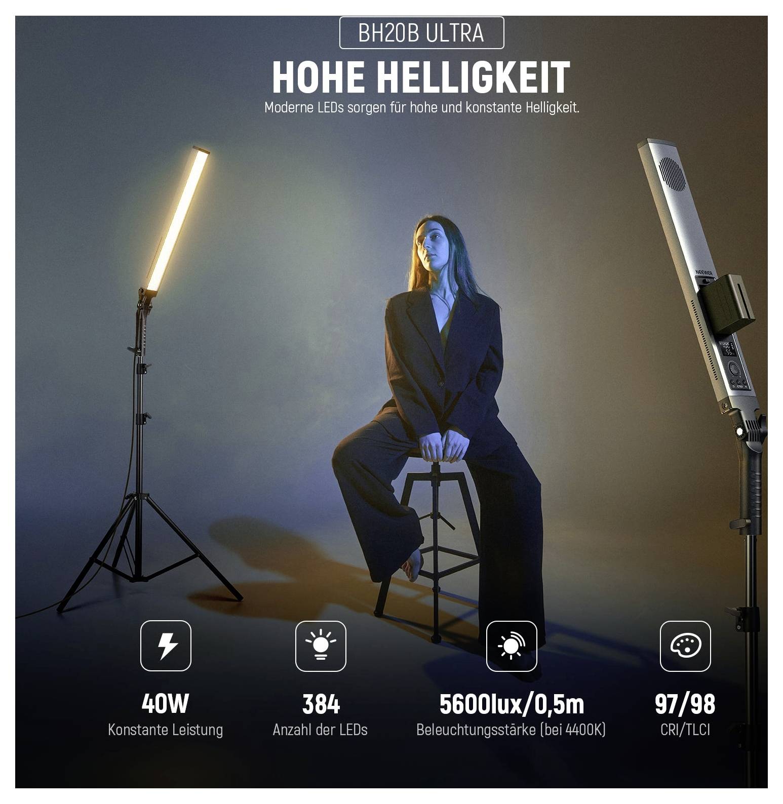 Produktanzeige für BH20B ULTRA LED-Leuchte mit sitzendem Modell, das von zwei Studiolampen beleuchtet wird; Der Text hebt hohe Helligkeit, 40W, 384 LEDs, 5600 Lux bei 0,5 m und CRI/TLCI 97/98 hervor.