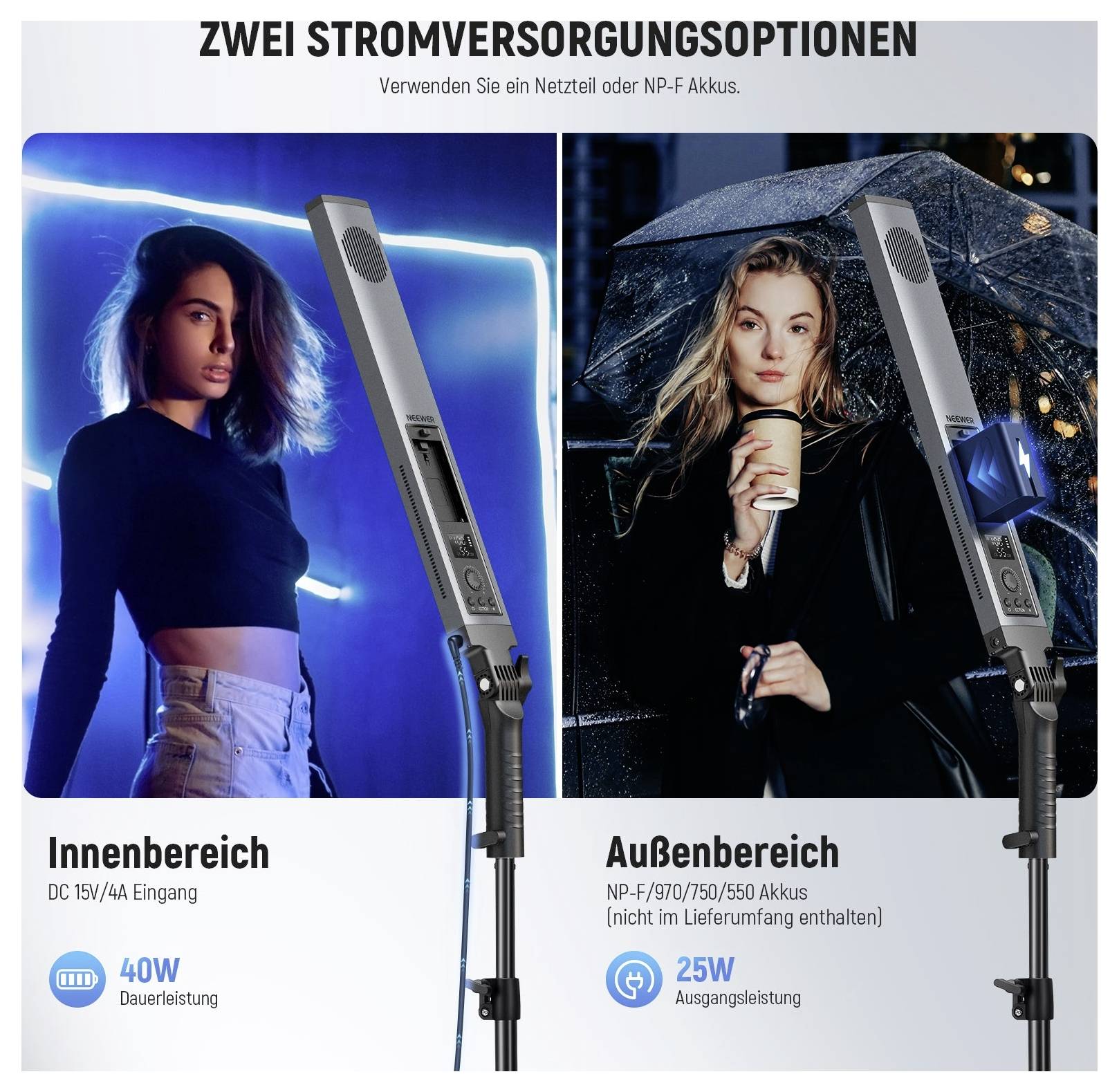 Produktgrafik zum Vergleich zweier Stromversorgungsoptionen für eine Leuchte: "Innenbereich" mit Netzteil DC 15V/4A, 40W kontinuierliche Leistung; "Außenbereich" mit NP-F/970/750/550-Batterien, 25W Ausgangsleistung.
