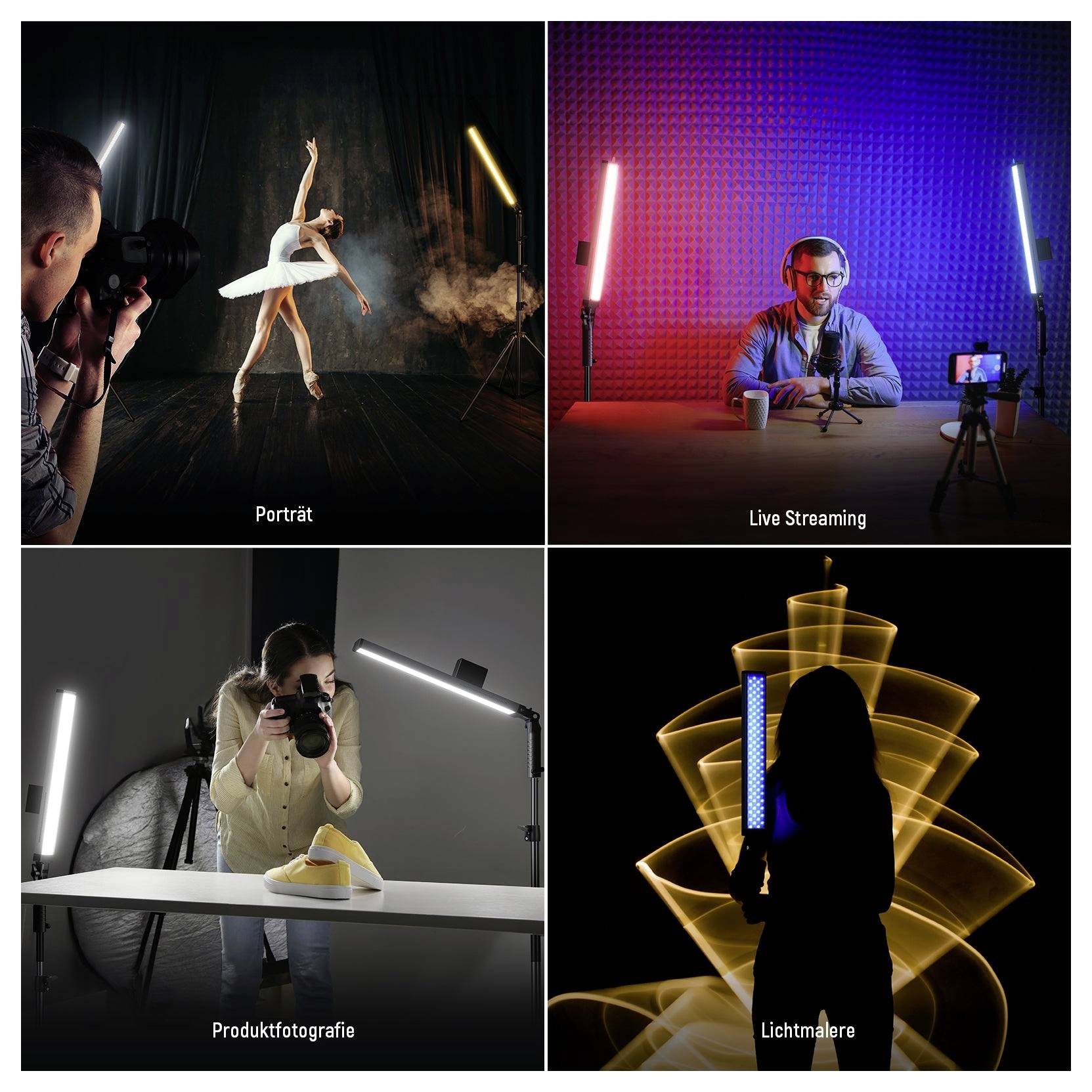 Vierteilige Fotografie-Collage: Porträt, Live-Streaming, Produktfotografie und Light-Painting, jeweils mit Studioleuchten dargestellt.