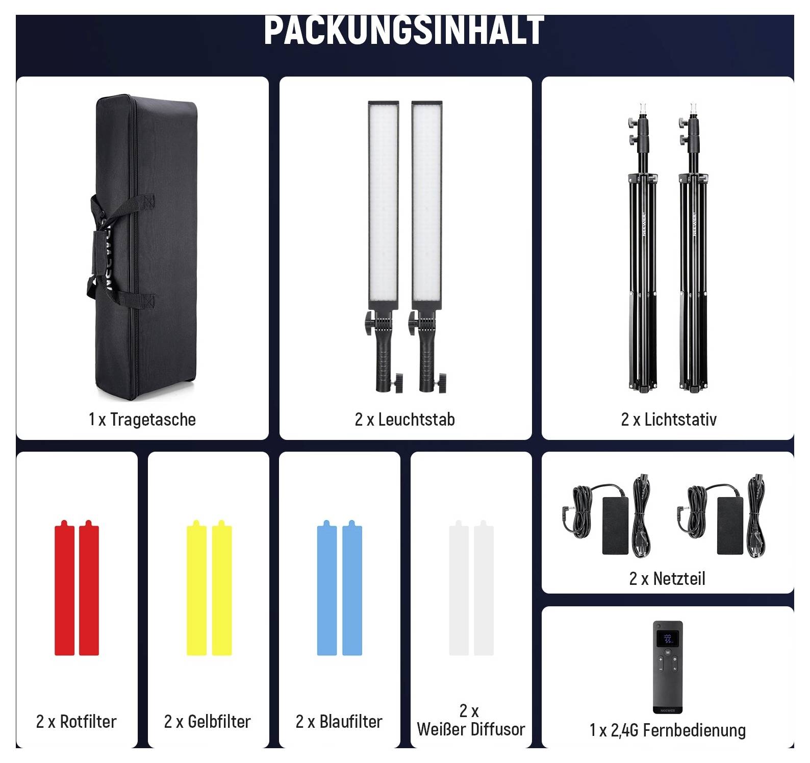 Übersicht des Packinhalts zeigt 1 Tragetasche, 2 Lichtleisten, 2 Lichtstative, 2 rote Filter, 2 gelbe Filter, 2 blaue Filter, 2 weiße Diffusoren, 2 Netzteile und 1 2,4G Fernbedienung.