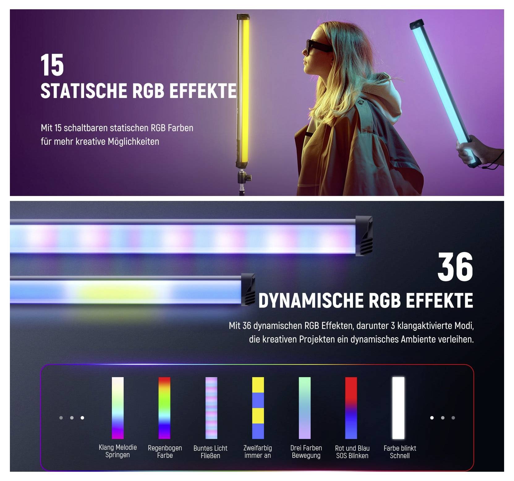 Werbegrafik mit RGB-Beleuchtungsprodukten, die 15 statische RGB-Effekte und 36 dynamische RGB-Effekte mit farbigen Lichtstäben und einer Person, die von Neon-ähnlichen LEDs beleuchtet wird, hervorhebt.