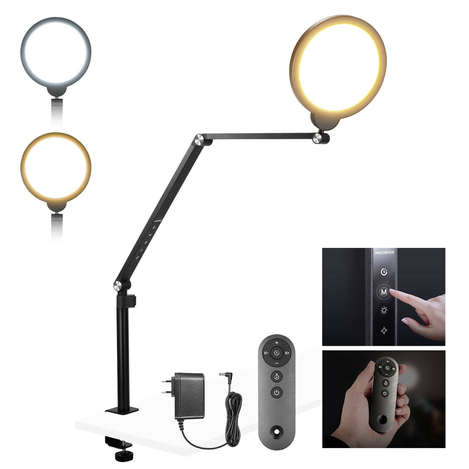 Verstellbare LED-Schreibtischleuchte mit Klemmfuß, Netzteil, Fernbedienung und Detailansichten mit Berührungssteuerungen und Fernbedienungsbenutzung; angezeigte Farboptionen