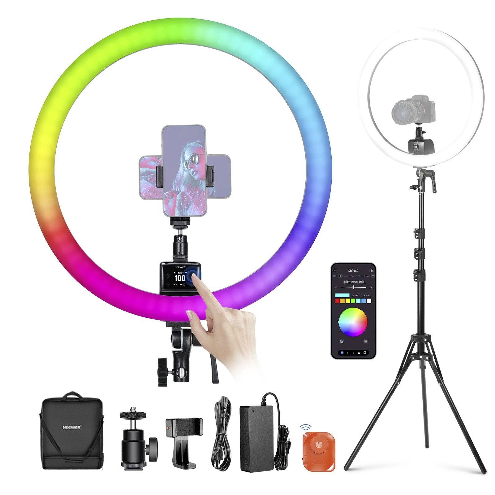 Produktbild eines Ringlicht- und Smartphone-/Kamera-Stativkits mit ferngesteuerter App-Kontrolle, gezeigt mit mitgelieferten Zubehörteilen und verstellbarem Stativ.