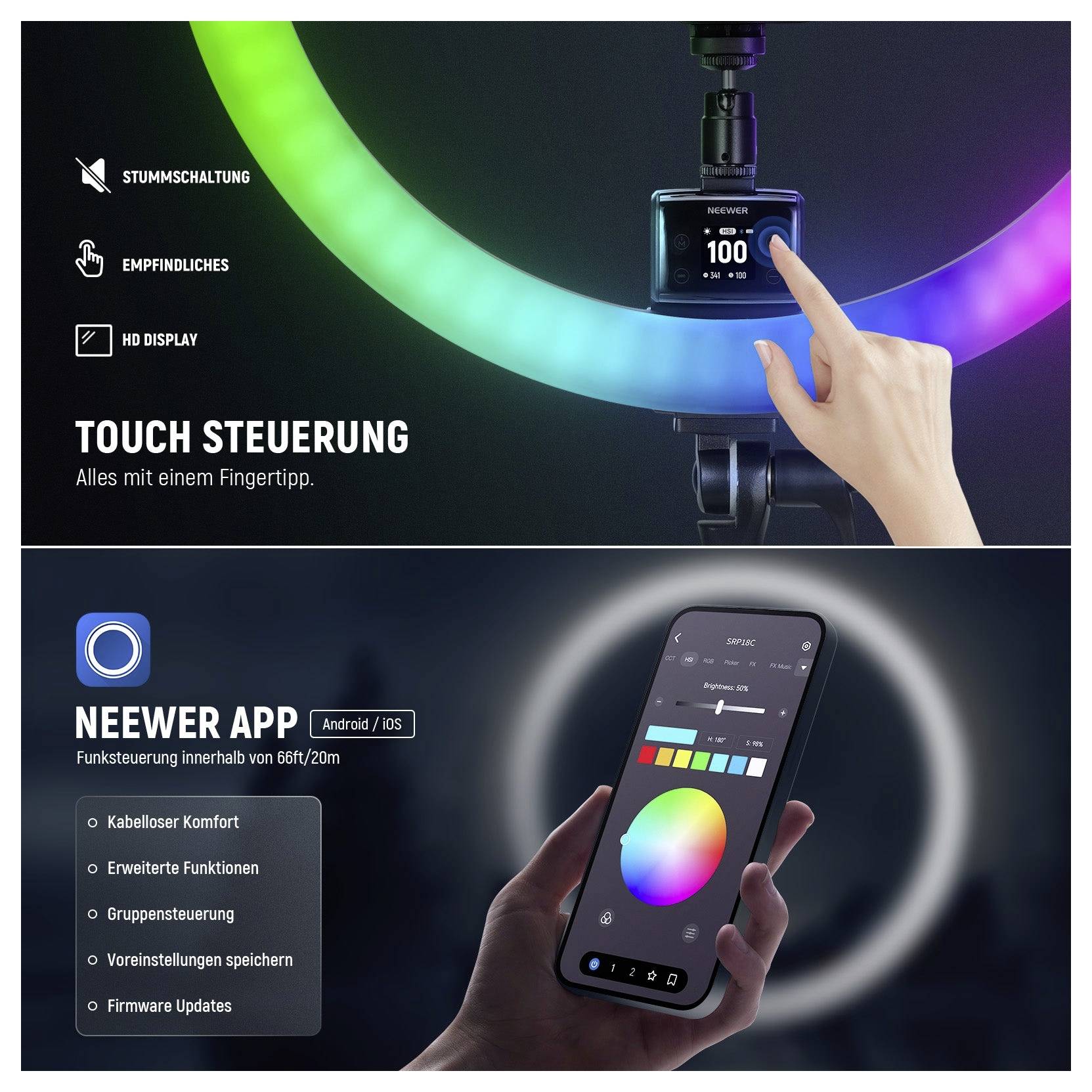 Neewer-Licht-Werbegrafik: Touchsteuerung mit integriertem Display und App-Steuerung für Android/iOS, zeigt Farb- und Helligkeitsanpassung.