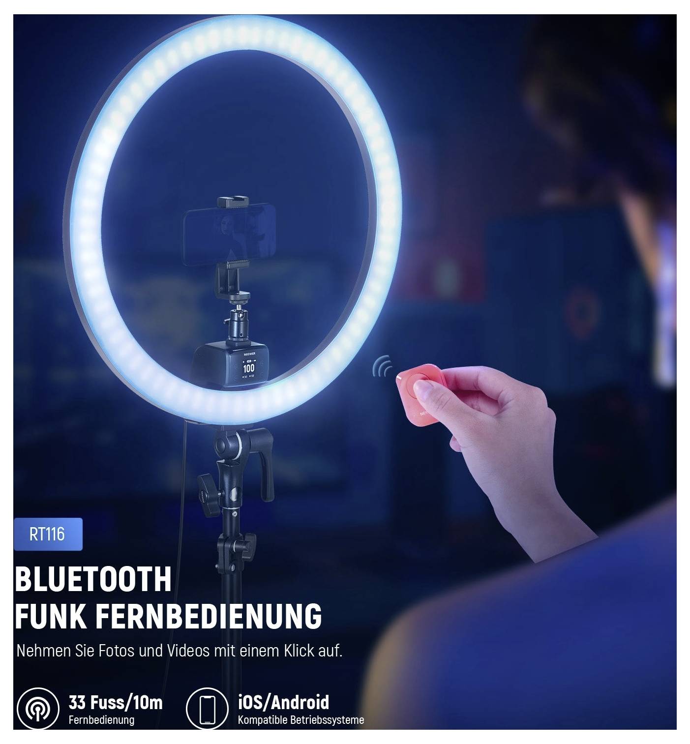 Bluetooth-Fernbedienung für Ringlicht und Kamerastativ; Hand drückt einen Knopf, mit Text „BLUETOOTH FUNK FERNBEDIENUNG" und Kompatibilität mit iOS/Android.