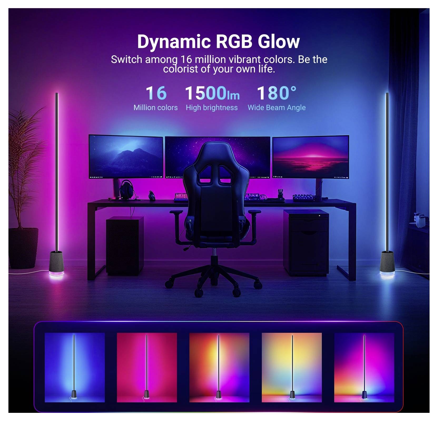 Werbebild von RGB-Bodenleuchten neben einem Gaming-Schreibtisch und Monitoren, mit Text, der "Dynamic RGB Glow", 16 Millionen Farben, 1500 lm Helligkeit und 180° Abstrahlwinkel bewirbt.