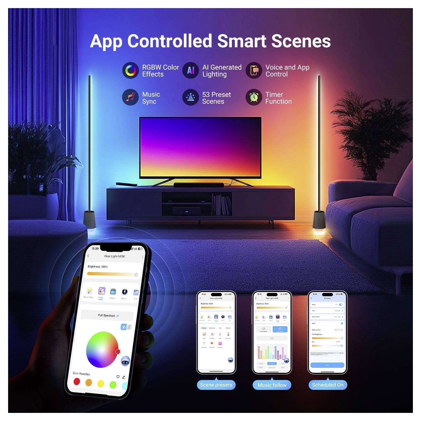 Smart-TV-Beleuchtungs-Szenen-Promo mit RGBW-Farbeffekten, KI-Beleuchtung, Sprach-/App-Steuerung, Musiksynchronisierung, 53 voreingestellte Szenen und Timer-Funktion mit Smartphone-App-Bildschirmen.