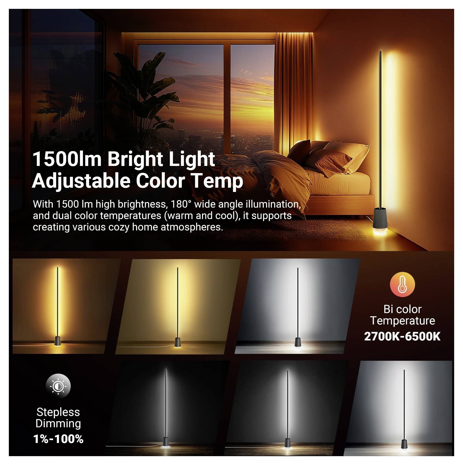 Produktgrafik einer Stehleuchte in einem Schlafzimmer, die „1500lm helles Licht" und einstellbare Farbtemperatur „2700K-6500K" mit stufenlosem Dimmen „1%-100%" hervorhebt.