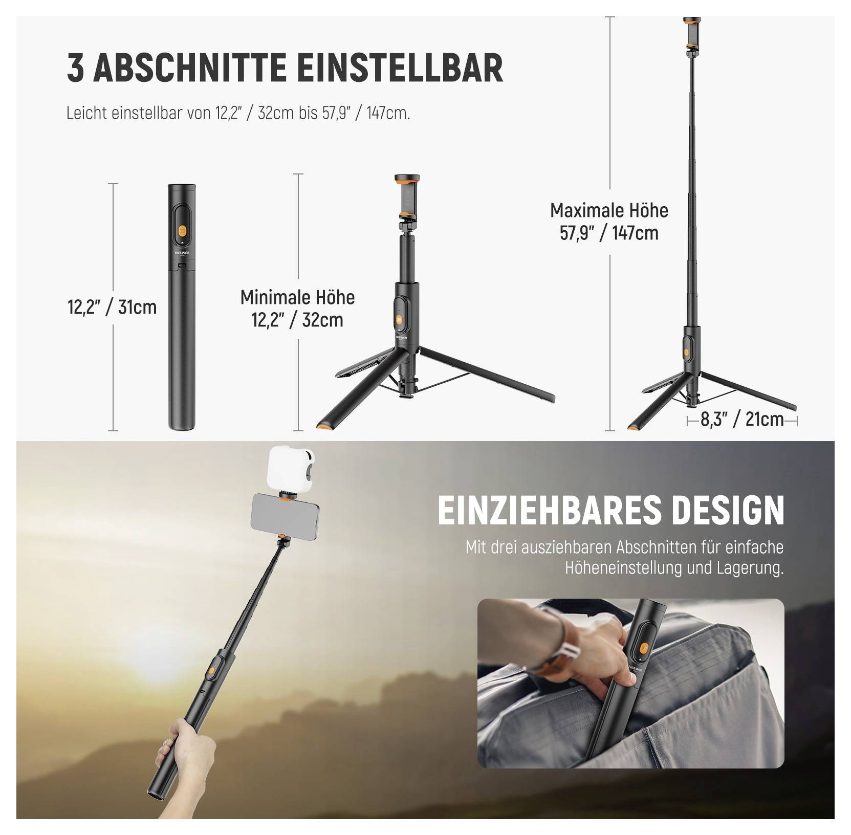 Produktgrafik zeigt ein verstellbares Stativ/Einbeinstativ mit 3 Abschnitten, verstellbar von 12,2 Zoll (32 cm) bis 57,9 Zoll (147 cm), mit ausziehbarem Design für einfache Höhenverstellung und Lagerung.