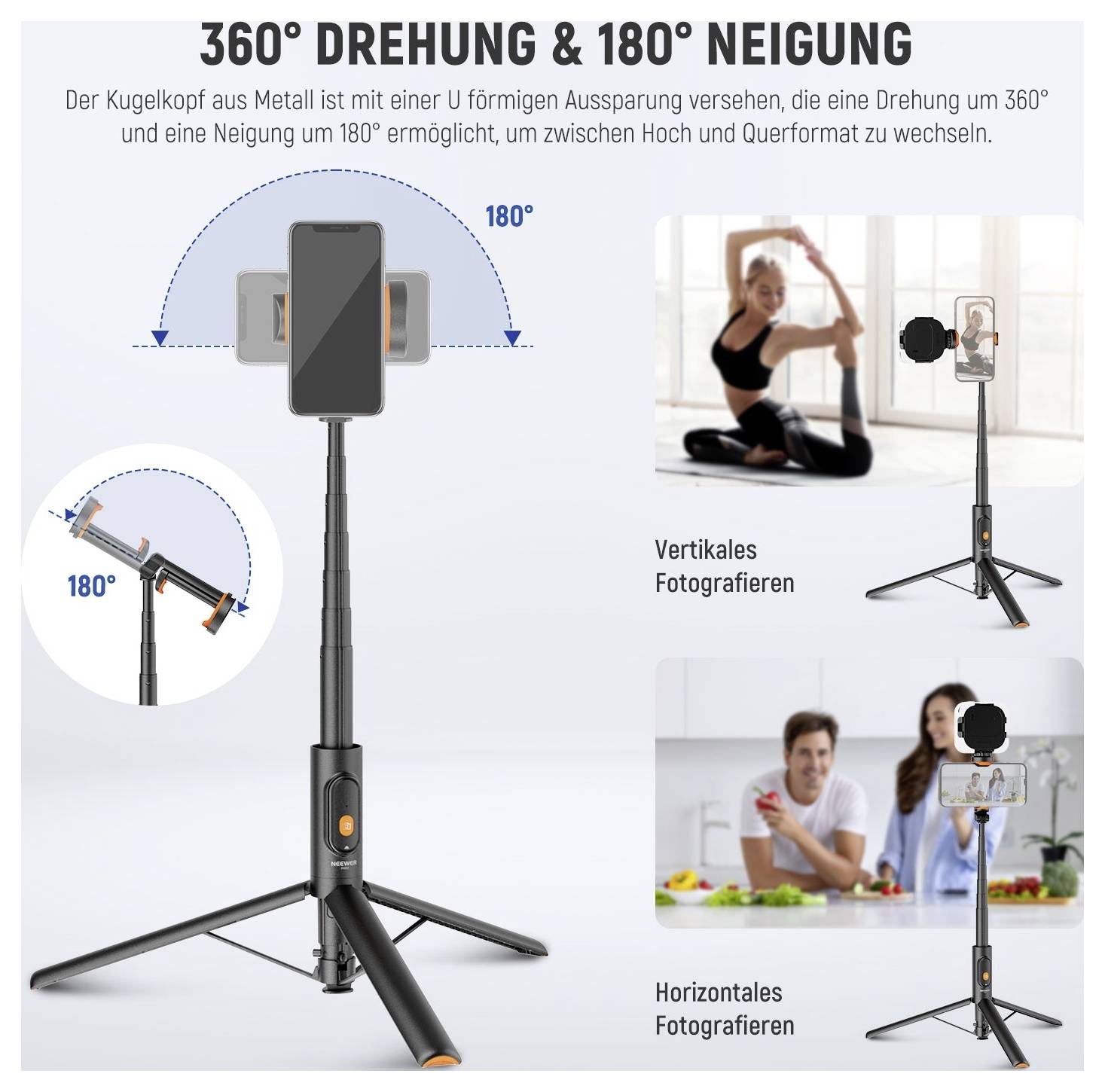 Produktgrafik eines Selfie-Stick-Stativs mit 360°-Drehung und 180°-Neigung, mit Beispielen für vertikale und horizontale Handyfotografie.