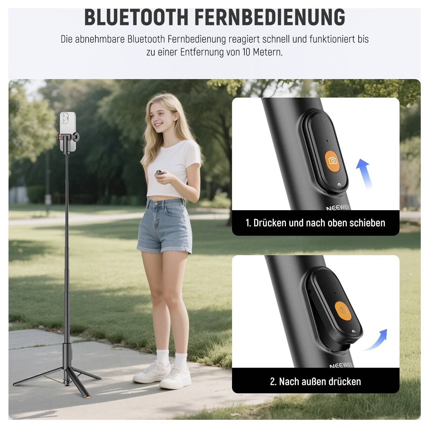Frau mit einer Bluetooth-Fernbedienung und einem Smartphone auf einem Stativ; eingefügte Diagramme zeigen, dass die Fernbedienung durch Hochschieben und Herausdrücken abgenommen wird.