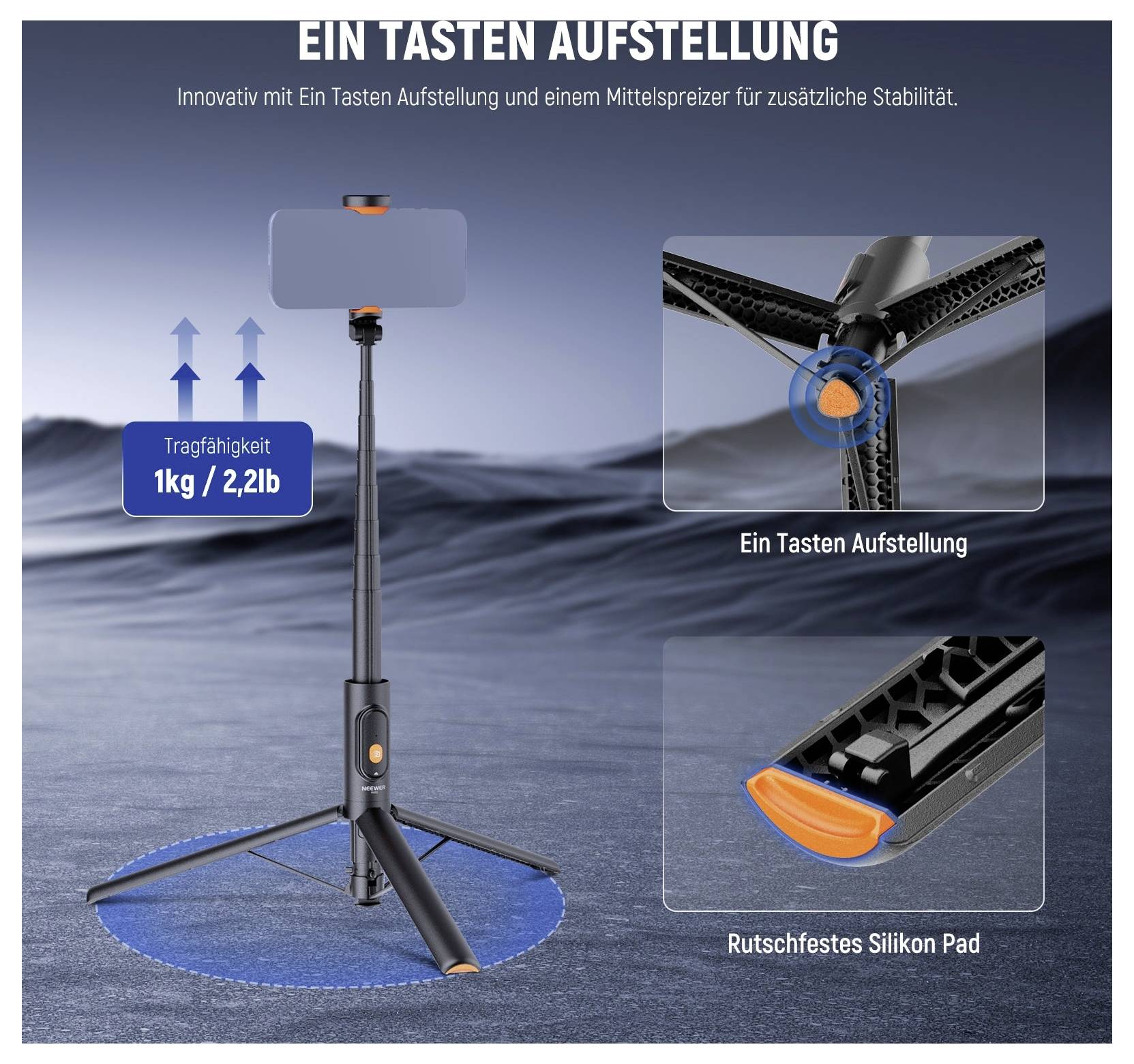 Stativständer mit Ein-Knopf-Setup; unterstützt 1 kg/2,2 lb und verfügt über ein rutschfestes Silikonpad, in Nahaufnahme gezeigt.
