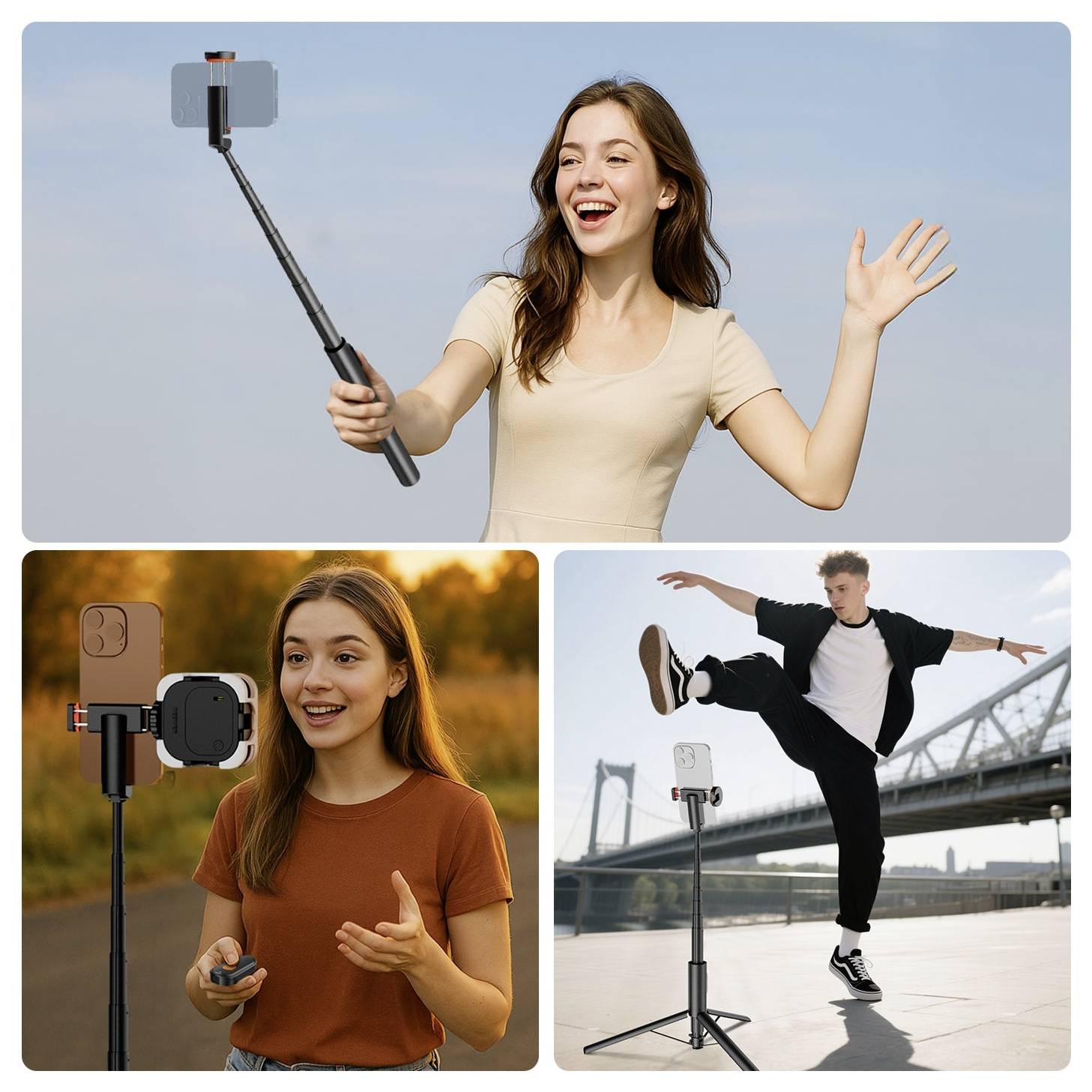 Collage aus drei Personen, die ein Smartphone auf einem Stativ für Selfies und Videos nutzen: eine Frau winkt, eine andere spricht im Freien, und ein Mann springt in der Nähe einer Brücke.