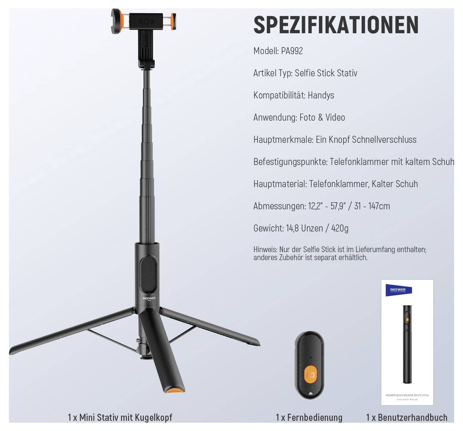 Produktspezifikation für ein Selfie-Stick-Stativ mit Fernbedienung: Modell PA992, für Smartphones, Foto- und Videoverwendung, 31-147 cm groß, 420 g, mit Bedienungsanleitung.